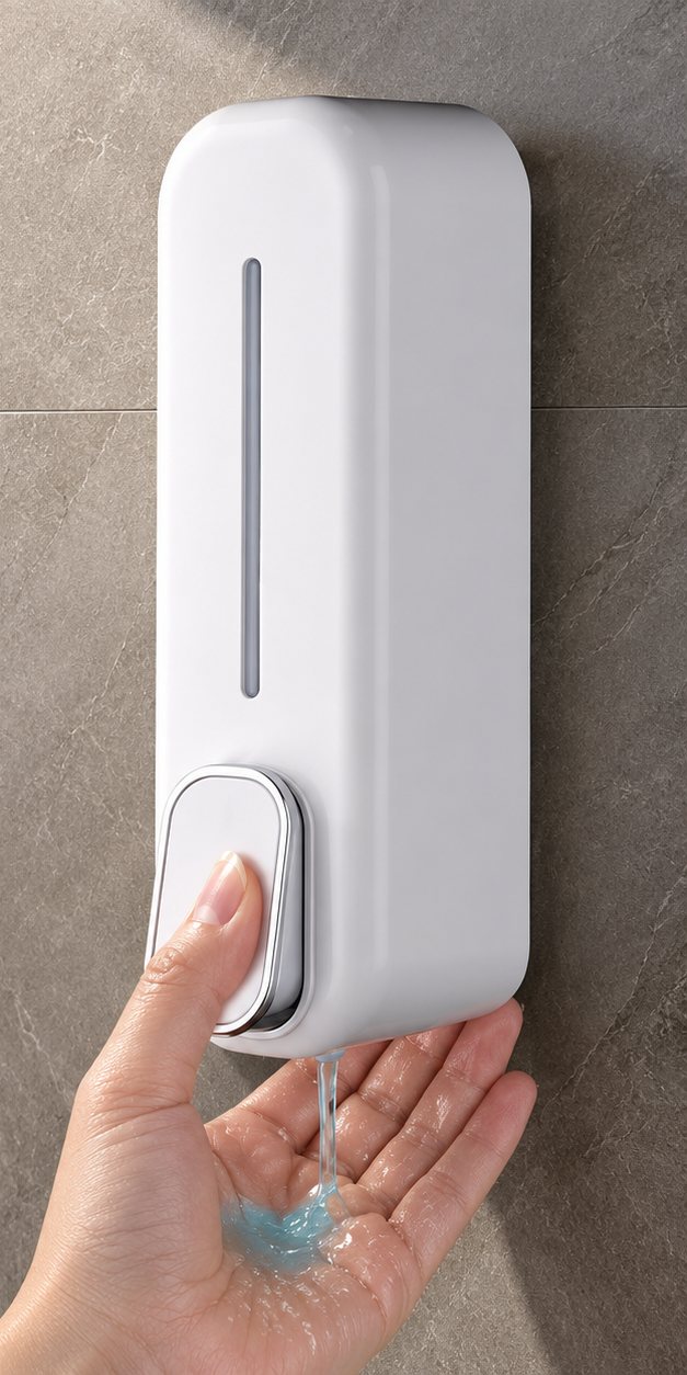 Close-up of a hand pressing the Aura dispenser, with soap dispensing into an open palm