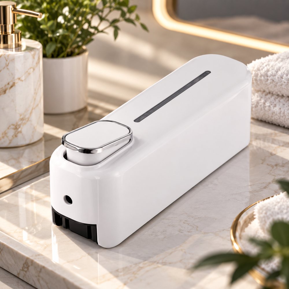 Aura dispenser resting on a marble countertop beside folded towels and a plant