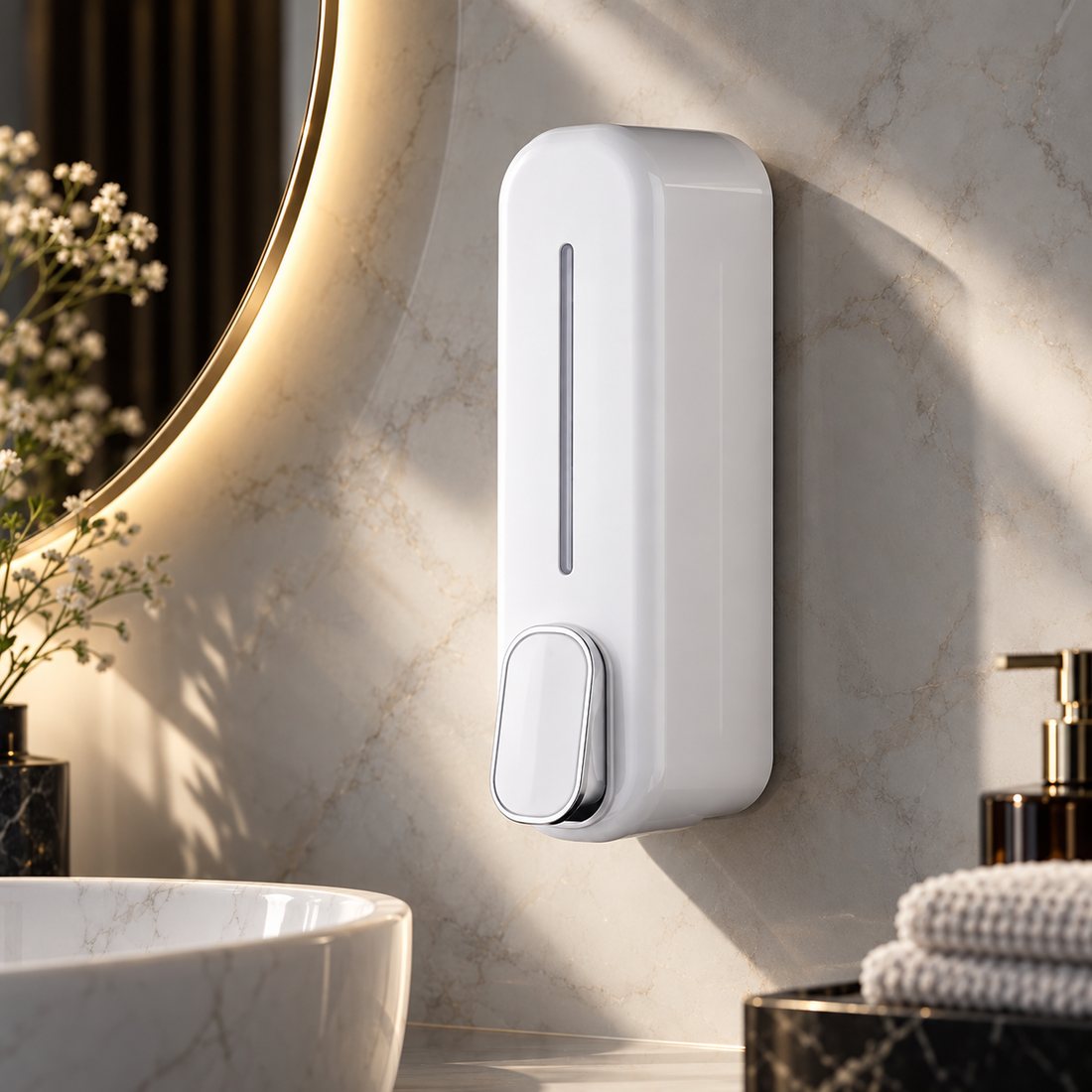 Aura dispenser mounted in a marble bathroom beside a round mirror